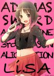  1girl :d bangs blush brown_eyes brown_hair character_name collarbone cowboy_shot crop_top enokimo_me eyebrows_visible_through_hair heart heart_necklace highres holding holding_microphone lisa_(singer) long_hair microphone midriff miniskirt multicolored_hair music navel open_mouth pink_background pink_hair pleated_skirt real_life red_skirt singing skirt smile solo standing stomach sword_art_online two-tone_hair 