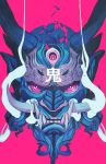  blue_oni chun_lo demon demon_horns disembodied_head extra_eyes face fangs glowing highres horns limited_palette looking_at_viewer multicolored oni original pink_background pink_eyes pointy_ears red_eyes shattered simple_background smoke solo teeth third_eye translated tusks 