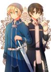  2boys bangs black_eyes black_hair blonde_hair blue_rose_sword closed_mouth cowboy_shot enokimo_me eugeo eyebrows_visible_through_hair food green_eyes hair_between_eyes hand_on_another&#039;s_shoulder hand_on_hilt highres holding holding_food kirito long_sleeves looking_at_viewer male_focus multiple_boys shiny shiny_hair signature smile standing sword_art_online wing_collar 
