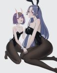  animal_ears bangs bare_shoulders black_legwear black_leotard blush bob_cut breasts bunny_ears bunny_girl bunnysuit cleavage collarbone eyeliner fate/grand_order fate_(series) headpiece highleg highleg_leotard highres horns kneeling large_breasts leotard long_hair looking_at_viewer lsls makeup minamoto_no_raikou_(fate/grand_order) oni oni_horns open_mouth pantyhose parted_bangs purple_eyes purple_hair short_hair shuten_douji_(fate/grand_order) skin-covered_horns smile thighs very_long_hair wrist_cuffs 