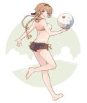  1girl anchor anchor_symbol ball bangs barefoot beachball bikini bikini_top black_shorts braid breasts brown_hair full_body hachimaki hair_ornament headband kantai_collection leg_up long_hair open_mouth propeller_hair_ornament purple_eyes shakemi_(sake_mgmgmg) short_shorts shorts simple_background solo swimsuit teruzuki_(kantai_collection) twin_braids 