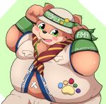  2020 absurd_res anthro belly blush brown_body brown_fur clothing fur green_eyes hat headgear headwear hi_res kusosensei male mammal overweight overweight_male shirt simple_background solo tokyo_afterschool_summoners topwear ursid video_games wood_ciramantep 