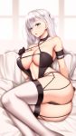  1girl aqua_eyes arm_strap ass azur_lane bare_hips black_gloves blurry blurry_background breasts butt_crack center_opening cleavage couch criss-cross_halter feet_out_of_frame gloves halterneck highres large_breasts lying mole on_couch on_side one_side_up race_queen revealing_clothes shoukaku_(azur_lane) shoukaku_(sororal_wings)_(azur_lane) shuugetsu_karasu solo thighhighs unitard white_hair white_legwear 