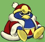  avian beak bird blue_body blue_eyes clothing coat green_background hat headgear headwear king_dedede kirby_(series) male nintendo overweight penguin simple_background sitting solo starrberry topwear video_games watermark yellow_feet 