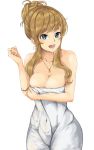  1girl bare_shoulders blonde_hair blue_eyes breast_hold breasts cleavage collarbone gatsby_ssl hair_bun hand_up highres idolmaster idolmaster_cinderella_girls impossible_clothes jewelry large_breasts long_hair naked_towel ootsuki_yui open_mouth pendant simple_background solo teeth towel wet white_background 