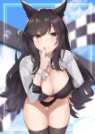  1girl absurdres atago_(azur_lane) atago_(stunning_speedster)_(azur_lane) azur_lane bikini black_bikini black_hair black_legwear blurry breasts brown_eyes checkered cleavage cowboy_shot depth_of_field finger_to_mouth hand_on_hip highres large_breasts leaning_forward long_hair looking_at_viewer mole mole_under_eye mushpz race_queen shrug_(clothing) smile solo standing swimsuit thigh_gap thighhighs thighs very_long_hair wrist_cuffs 