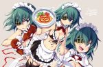  1girl alternate_costume apron aqua_eyes bikini black_legwear black_skirt blush breasts cleavage dated detached_collar enmaided eyepatch food front-tie_bikini front-tie_top garter_straps gloves green_hair grey_background heart heart_hands holding holding_plate kantai_collection ketchup ketchup_bottle kiso_(kantai_collection) maid maid_apron maid_bikini maid_headdress medium_breasts multiple_views navel odawara_hakone omurice open_mouth plate short_hair simple_background skirt smile swimsuit thighhighs twitter_username white_apron white_gloves 