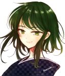  1girl bangs closed_mouth commentary_request eyebrows_visible_through_hair green_eyes green_hair himawari-san japanese_clothes kimono lips looking_at_viewer medium_hair meigetsu_yuu signature simple_background smile solo sugano_manami unmoving_pattern upper_body white_background 