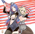  3girls absurdres american_flag anchor asymmetrical_legwear bitchcraft123 black_gloves black_legwear black_neckwear black_skirt blonde_hair blue_eyes blue_hair blue_neckwear breasts capelet chibi colorado_(kantai_collection) dress elbow_gloves front-tie_top garrison_cap gloves grey_dress grey_headwear hat headgear high_heels highres iowa_(kantai_collection) jacket kantai_collection large_breasts multicolored multicolored_background multicolored_hair multiple_girls navel necktie open_clothes open_jacket pantyhose pleated_dress red_hair red_stripes rudder_footwear shirt short_hair side_braids sideboob single_thighhigh skirt sleeveless south_dakota_(kantai_collection) striped striped_legwear thighhighs underbust vertical-striped_legwear vertical-striped_skirt vertical_stripes white_hair white_shirt 