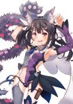  1girl animal_ear_fluff animal_ears armpits asymmetrical_clothes bell black_hair black_panties boshi_(a-ieba) brown_eyes cape cat_ears cat_tail claw_pose detached_sleeves fake_animal_ears fate/kaleid_liner_prisma_illya fate_(series) fur garter_straps gloves grey_legwear grey_vest hair_ornament hairclip heart highres holster jingle_bell looking_at_viewer low_twintails lowleg lowleg_panties magical_girl magical_sapphire miyu_edelfelt navel open_mouth panties paw_gloves paws purple_sleeves showgirl_skirt smile tail thigh_holster twintails underwear vest 