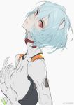  1girl ayanami_rei blue_hair bob_cut bodysuit breasts expressionless eyebrows_visible_through_hair face from_side hand_up hands_on_own_chest head_back head_tilt high_collar highres horikwawataru interface_headset lips looking_at_viewer messy_hair multicolored multicolored_bodysuit multicolored_clothes neon_genesis_evangelion nose pale_skin plugsuit red_eyes red_pupils short_hair sidelocks simple_background solo symbol_commentary upper_body white_background white_bodysuit 