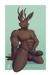  abs absurd_res anthro antlers big_ears big_penis blazekemono brown_body brown_fur fur genitals green_background green_eyes hand_on_penis hi_res horn jackalope lagomorph looking_at_viewer male mammal muscle_tone muscular muscular_male penis rodent simple_background solo thick_penis thick_thighs 