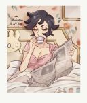  1girl artist_name bangs bed black_hair border breasts cleavage collarbone commentary_request cup drinking echizen_(n_fns17) eyelashes gen_8_pokemon half-closed_eyes holding holding_cup holding_newspaper indoors looking_down milcery newspaper nightgown pink_nightgown pokemon pokemon_(creature) pokemon_(game) pokemon_swsh poplar_(pokemon) reading short_hair short_sleeves teacup under_covers white_border younger 