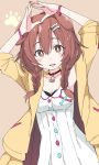  1girl animal_ears arms_up bone_hair_ornament breasts brown_background brown_eyes brown_hair choker cleavage collarbone dog_ears dress eyebrows_visible_through_hair hair_between_eyes hololive inugami_korone ixy long_hair looking_at_viewer medium_breasts red_choker simple_background solo virtual_youtuber white_dress 