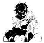  1boy aerobe10 amamiya_ren bed cat greyscale messy_hair monochrome morgana nail_clippers pants persona persona_5 shirt sitting sweatdrop 