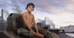  1boy absurdres backwards_hat barefoot baseball_cap beitemian belt blue_eyes brown_hair dirty feet gun gundam gundam_tekketsu_no_orphans hat highres industrial knee_pads male_focus navel nipples original outdoors rifle scenery shirtless sky solo tareme weapon 