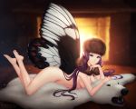  1girl artist_name barefoot bear bear_rug blue_eyes blurry blurry_background breasts bug butterfly butterfly_wings cleavage crossed_legs feet fireplace from_side full_body fur_collar fur_hat gigamessy hand_on_own_chin hat insect long_hair looking_at_viewer lying nude on_stomach original patreon_username pointy_ears polar_bear purple_hair sideboob smile solo very_long_hair wings 