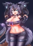  1girl animal_ear_fluff animal_ears aqua_eyes bare_shoulders beltbra big_hair black_gloves black_hair black_legwear black_shorts bow breasts buttons cerberus_(kemono_friends) cleavage collar collarbone daddy_pomgi dog_ears elbow_gloves extra_ears eyebrows_visible_through_hair eyes_visible_through_hair fang fingerless_gloves fingernails gloves glowing glowing_hair grey_hair hair_between_eyes hands_up highres jewelry kemono_friends large_breasts legwear_under_shorts lizard_tail looking_at_viewer lowleg lowleg_shorts midriff multicolored_hair navel open_clothes open_fly open_mouth open_shorts pantyhose pendant scar scar_across_eye sharp_fingernails short_shorts shorts smile solo spiked_collar spikes stomach tail thigh_strap two-tone_hair two_side_up unbuttoned underboob upper_teeth v-shaped_eyebrows 