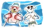  2020 animal_crossing anthro belly black_nose canid canine canis clothing domestic_dog duo eyes_closed fur hat headgear headwear k.k._slider lutrine lying male mammal mikecatsu mustelid nintendo overweight overweight_male pascal_(animal_crossing) red_body video_games white_body white_fur 