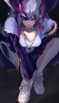  absurdres arknights breasts chromatic_aberration cleavage film_grain fur-trimmed_jacket fur_trim fuyukayui highres jacket jewelry manticore_(arknights) necklace pointy_ears purple_eyes purple_hair shoes sneakers tail tank_top 