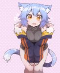  1girl animal_ear_fluff animal_ears blue_hair blush breasts cat_ears cat_tail commentary commentary_request eyebrows_visible_through_hair facial_scar fur_trim highres large_breasts looking_at_viewer off_shoulder open_mouth orange_eyes original ribbed_sweater ryota_tentei scar scar_on_cheek short_hair short_shorts shorts solo sweater tail tora_tentei 