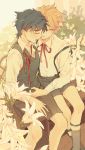  2boys absurdres brown_shorts closed_eyes dio_brando flower grey_legwear highres ibex jojo_no_kimyou_na_bouken jonathan_joestar lily_(flower) long_sleeves male_focus multiple_boys outdoors red_ribbon ribbon school_uniform shirt shorts sitting socks suspenders vest white_shirt yaoi 