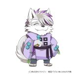  2020 amago_masahisa anthro black_nose canid canine canis clothing cute_fangs eyes_closed footwear fur grey_body grey_fur japanese_text kemono kinoshita-jiroh mammal robe sandals sengoku_puzzle simple_background solo text video_games white_background white_body white_fur wolf 