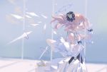  1girl arcaea bare_shoulders blonde_hair dress hair_ornament highres looking_at_viewer looking_to_the_side medium_hair open_mouth purple_eyes reset solo standing white_dress 