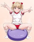  apita_(apitaro) ball blonde_hair brown_eyes buruma exercise_ball gym_uniform hair_ornament iijima_yun loose_socks new_game! red_buruma shirt short_hair sitting sitting_on_object socks spread_legs sweat white_legwear white_shirt 