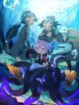  3boys azul_ashengrotto black_hair blue_eyes como_moc contract eel_boy floyd_leech green_hair heterochromia highres jade_leech looking_at_viewer male_focus multicolored_hair multiple_boys octopus_boy pen sharp_teeth short_hair silver_hair smile streaked_hair teeth tentacles twisted_wonderland underwear younger 