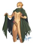 1boy abs bangs blonde_hair blush cape chest cum erection fate/extra fate/grand_order fate_(series) green_eyes hair_over_one_eye jin_(sirius-j) male_focus muscle naked_cape orange_hair pectorals penis robin_hood_(fate) smile solo upper_body 
