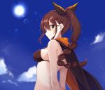  1girl bangs bare_arms bare_shoulders bikini black_bikini black_cape blue_sky braid breasts brown_hair cape character_request cloud cloudy_sky commentary_request day eyebrows_visible_through_hair from_below from_side long_hair medium_breasts nemu_mohu orange_cape outdoors ponytail re:zero_kara_hajimeru_isekai_seikatsu sky smile solo swimsuit two-tone_cape upper_body yellow_eyes 
