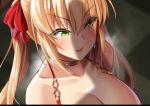  1girl bangs bare_shoulders bikini blonde_hair blush breasts collarbone earrings fate/extra fate_(series) green_eyes hair_ribbon jewelry large_breasts long_hair neck_ring nero_claudius_(fate) nero_claudius_(fate)_(all) oni-noboru parted_lips penis_shadow red_bikini red_ribbon ribbon smile swimsuit twintails 