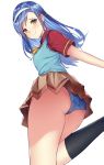  1girl ass black_legwear blue_hair blue_panties blue_sweater_vest blush bokutachi_wa_benkyou_ga_dekinai brown_eyes brown_skirt eyebrows_visible_through_hair furuhashi_fumino hairband highres long_hair looking_at_viewer masahiro_(azzm4382) mole mole_under_eye panties pantyshot red_shirt ribbon school_uniform shirt short_sleeves simple_background skirt solo sweater_vest underwear white_background yellow_ribbon 