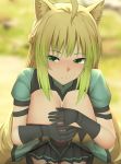  1girl ahoge animal_ear_fluff animal_ears atalanta_(fate) blonde_hair braid cat_ears censored fate/apocrypha fate_(series) french_braid ginhaha gloves green_eyes green_hair handjob highres long_hair multicolored_hair penis very_long_hair 