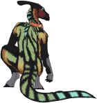  anthro arco_(drawindonkey) collar crouch_position crouching dinosaur drawindonkey fur hadrosaurid horizontal_pupils long_tail male multicolored_body multicolored_fur ornithischian parasaurolophus pupils rainbow_body rainbow_fur rear_view reptile scalie simple_background solo_focus white_background 
