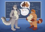  anthro belly big_belly canid canine canis chalkboard duo featureless_crotch male mammal merging nude overweight overweight_male plantigrade raccoon_dog standing tanuki text the-b3ing thought_bubble wolf 
