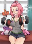  1girl artist_name blurry blurry_background breasts cleavage closed_mouth collarbone commentary_request dumbbell echizen_(n_fns17) eyelashes galarian_form galarian_slowpoke gen_4_pokemon gen_8_pokemon grey_shorts grey_tank_top heart highres kurara_(pokemon) legs_together looking_at_viewer mole mole_under_mouth one_eye_closed pink_hair pokemon pokemon_(creature) pokemon_(game) pokemon_swsh purple_eyes rotom rotom_phone shorts sitting sleeveless tank_top weightlifting 