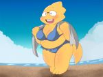  4:3 alp_ut alphys anthro beach belly bikini blush breasts buckteeth chubby_female cleavage clothed clothing detailed_background eyewear female glasses non-mammal_breasts open_mouth open_smile outside overweight overweight_female public reptile scales scalie seaside slightly_chubby smile solo standing swimwear teeth thick_tail thick_thighs towel undertale video_games yellow_body yellow_scales 