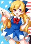  1girl american_flag american_flag_background blonde_hair blue_bow blue_dress bow bowtie breasts cirno cirno_(cosplay) clownpiece collared_shirt cosplay dress eyebrows_visible_through_hair fairy_wings fire flag_background hair_bow highres long_hair looking_at_viewer mary_janes open_mouth purple_eyes red_neckwear ruu_(tksymkw) shirt shoes socks solo star_(symbol) torch touhou very_long_hair white_legwear wings 