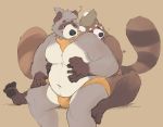  2020 ailurid anthro belly bulge canid canine clothing duo hi_res hug hugging_from_behind male male/male mammal minedoo moobs overweight overweight_male raccoon_dog red_panda simple_background sitting tanuki underwear 