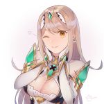  1girl bangs bare_shoulders blonde_hair breasts chest_jewel cleavage gem gloves heart highres hikari_(xenoblade_2) large_breasts long_hair looking_at_viewer mirin. one_eye_closed simple_background smile solo swept_bangs teeth tiara upper_body white_background xenoblade_(series) xenoblade_2 yellow_eyes 