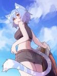  1girl absurdres animal_ear_fluff animal_ears blue_hair blue_sky breasts cat_ears cat_tail cloud cloudy_sky commentary facial_scar fur_trim highres large_breasts looking_at_viewer looking_back open_mouth orange_eyes original outdoors ryota_tentei scar scar_on_cheek short_hair short_shorts shorts sky solo sweatshirt tail tora_tentei 