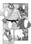  2018 5_fingers anthro belt biped black_belt black_eyebrows black_nose bodily_fluids border bottomwear canid canine cheek_tuft clothed clothing comic detailed_background dialogue digital_drawing_(artwork) digital_media_(artwork) dipstick_ears doujinshi duo eyebrows eyewear facial_tuft fangs fingers fox front_view fur fur_markings fur_tuft glasses greyscale half-closed_eyes head_tuft humanoid_hands inner_ear_fluff inside looking_at_another looking_up male mammal markings monochrome multicolored_ears multiple_scenes narrowed_eyes neck_tuft oaks16 open_mouth pants shirt speech_bubble standing sweat sweatdrop teeth thick_eyebrows thinking three-quarter_view tongue topwear tuft ursid ursine white_border 