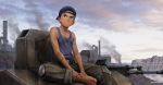  1boy absurdres backwards_hat barefoot baseball_cap beitemian belt blue_eyes brown_hair dirty feet gun gundam gundam_tekketsu_no_orphans hat highres industrial knee_pads male_focus original outdoors rifle scenery sky solo tank_top tareme weapon 