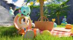  &gt;o&lt; 1girl animal_on_head blue_sky bow bowtie brown_eyes chao_(sonic) cheese_(sonic) cloud cream_the_rabbit day food fruit garden happy heart highres hypersonic172 looking_up melon on_head open_mouth outdoors palm_tree picnic picnic_basket sitting sky smile sonic_the_hedgehog squiggle tree 