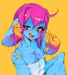  absurd_res blue_body blue_skin clothed clothing collarbone cteno english_text eyewear flat_chested glasses hair hi_res humanoid looking_at_viewer monster monster_girl_(genre) multi_arm multi_limb not_furry open_mouth pink_hair red_eyes short_hair simple_background slugbox solo text torn_clothing yellow_background yellow_sclera 