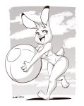  2020 3_toes 4_fingers anthro ball beach_ball buckteeth clothed clothing digital_media_(artwork) dipstick_ears disney female fingers hi_res holding_ball holding_object joaoppereiraus judy_hopps lagomorph leporid mammal monochrome multicolored_ears one-piece_swimsuit open_mouth open_smile rabbit signature sketch smile solo swimwear teeth toes zootopia 