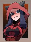  1girl :&lt; alternate_breast_size arms_behind_back black_hair blush border breasts closed_mouth commentary_request eyelashes frown gradient gradient_background grey_eyes hood horns long_hair looking_at_viewer omoitsuka pokemon pokemon_(game) pokemon_oras shaded_face solo sweat team_magma team_magma_grunt team_magma_uniform uniform upper_body v-shaped_eyebrows 