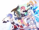  5girls bangs bare_shoulders blonde_hair blue_eyes blue_hair blue_ribbon blunt_bangs braid breasts character_request cleavage commentary_request detached_sleeves dress drill_hair emilia_(re:zero) flower frederica_baumann french_braid from_side gem green_eyes hair_flower hair_ornament hair_over_one_eye hair_ribbon holding holding_weapon lavender_hair long_hair long_sleeves maid maid_dress maid_headdress miniskirt multiple_girls nemu_mohu oni open_mouth pink_eyes pink_hair pleated_skirt pointy_ears purple_eyes ram_(re:zero) re:zero_kara_hajimeru_isekai_seikatsu rem_(re:zero) ribbon roswaal_mansion_maid_uniform short_hair siblings silver_hair simple_background sisters skirt smile thighhighs twin_drills twins weapon white_background white_dress white_legwear x_hair_ornament 